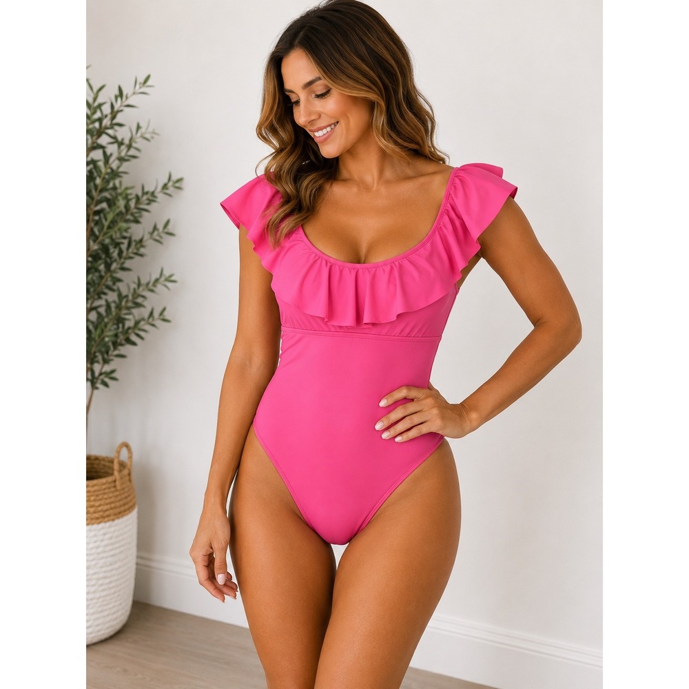 Gibson Latimer Hot Pink Ruffle Scoop Neck One Piece Swimsuit Small